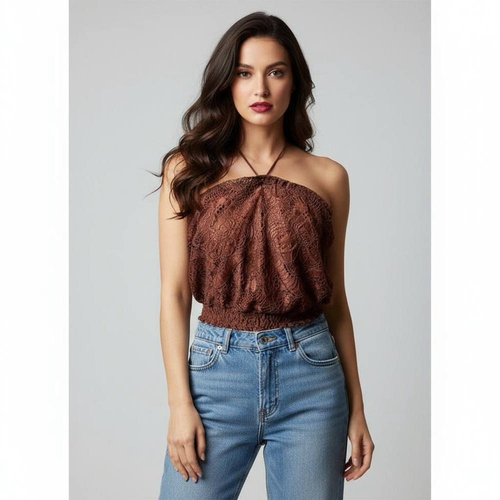 H&M Rust Brown Boho Festival Lace Sleeveless Halter Crop Top Tube Top Size 8